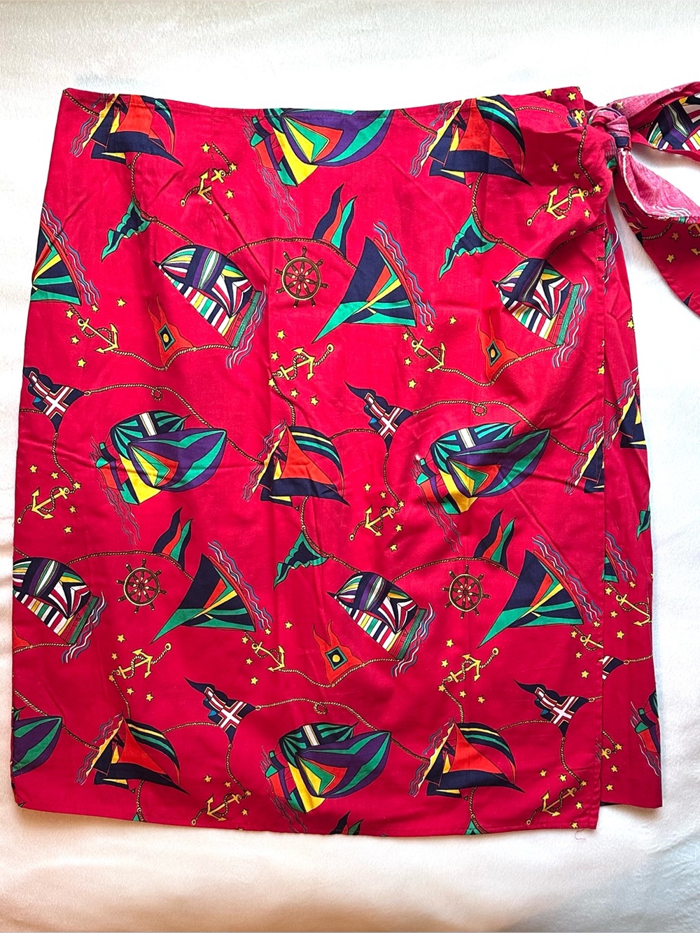 Vtg Bechamel Red Nautical Sailboat Print Faux Wrap Skirt 16 Boats Colorful Short